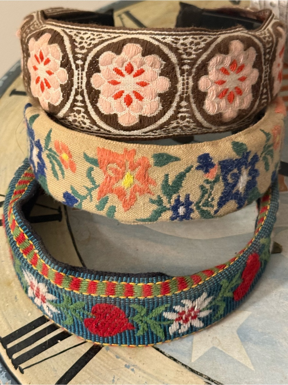 Embroidered Floral Headband - Brown, Beige & Blue